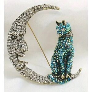 Crystal Cat On The Moon Brooch Blue Crystal Pin Vintage Style NWT